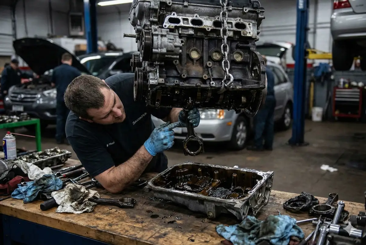 بررسی تخصصی شاتون و میل‌لنگ موتور هیوندا سانتافه توسط مکانیک برای رفع مشکل یاتاقان زدن در تعمیرگاه تهران