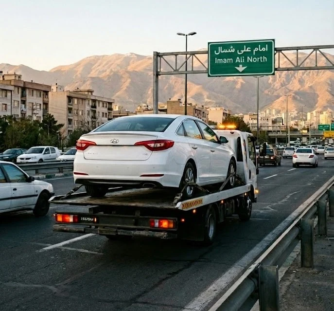حمل خودرو هیوندا سوناتا با خودروبر کفی در اتوبان امام علی تهران توسط امداد خودرو هیوندا